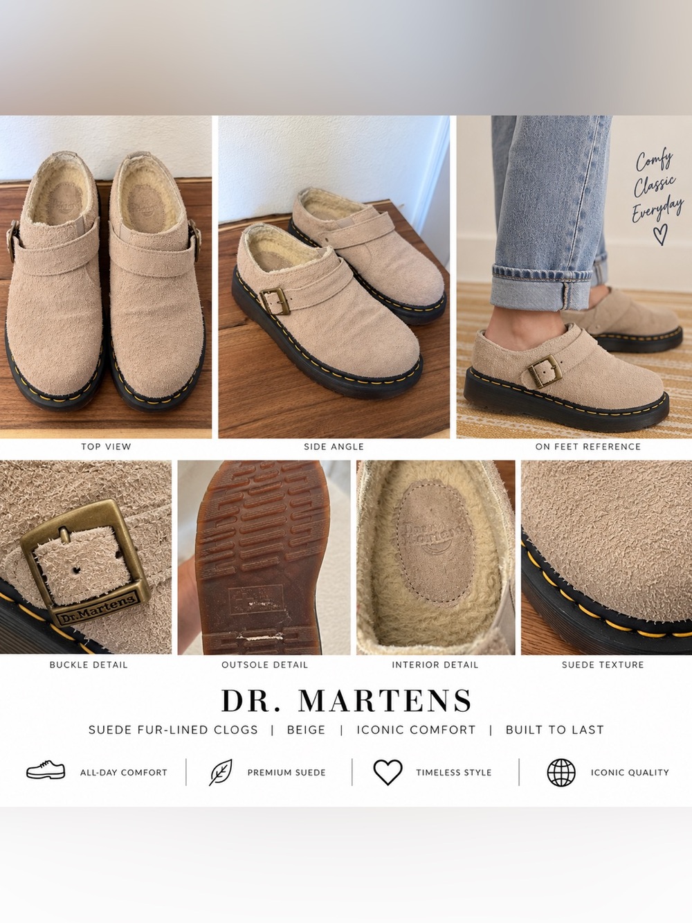 Dr. Martens Beige Suede Fur-Lined Slip-On Clogs with Buckle